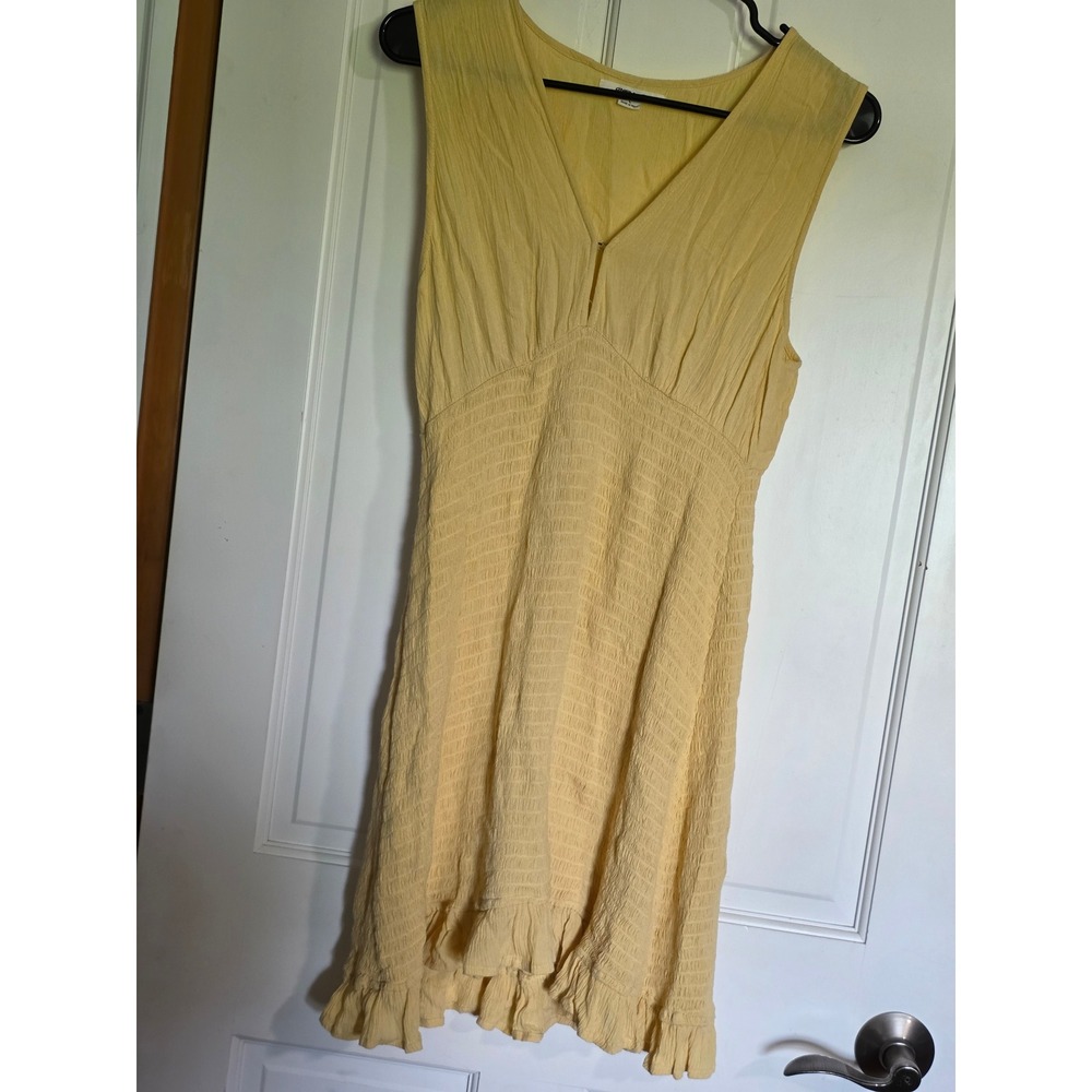 O'Neill Yellow Smocked Crinkle Mini Dress Sleeveless V-Neck Ruffle Hem Large